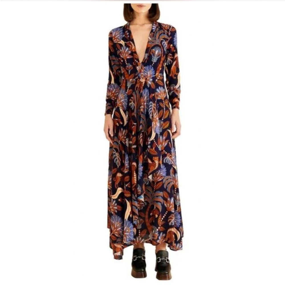 FARM RIO Beauty Long Sleeve V-neck Midi Dress NEW